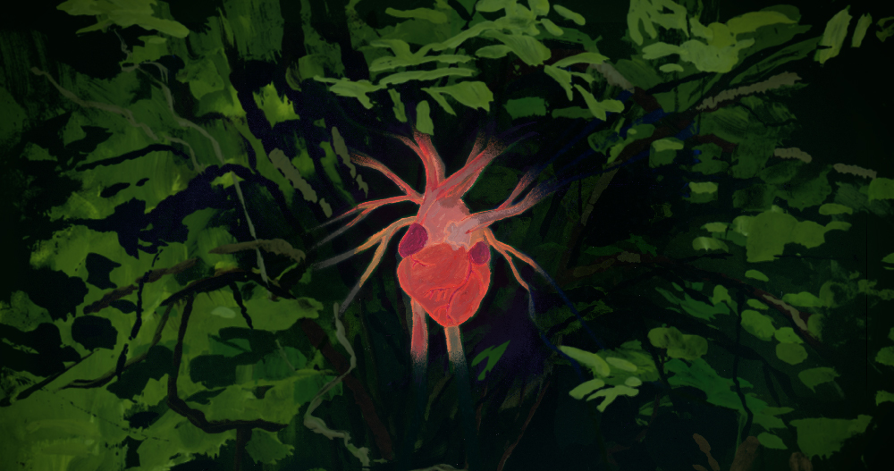 A human heart and its arteries grow among green foliage